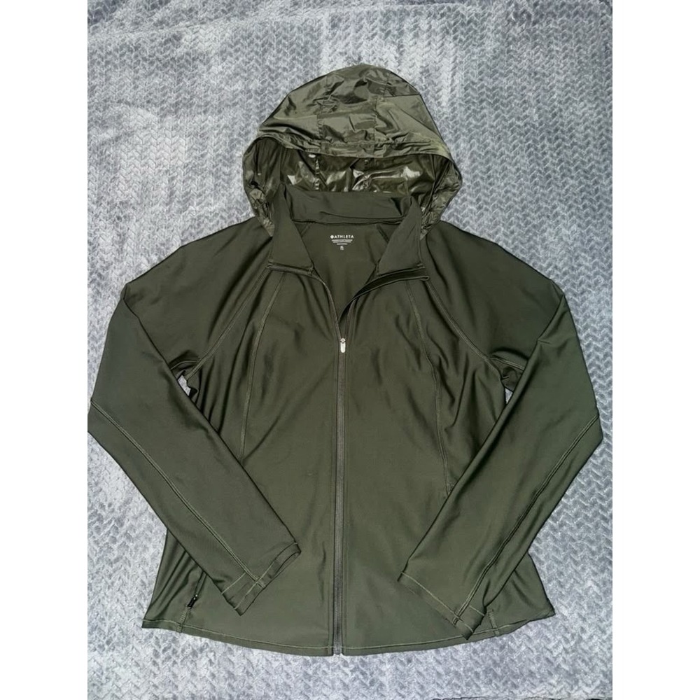Athleta Women's Interval Jacket Aspen Olive Removable Hood Full Zip Size X-Large